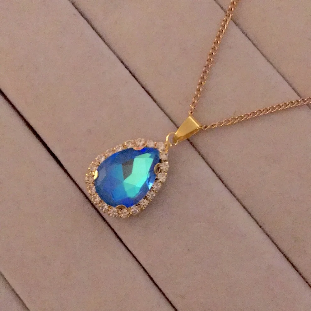 Sapphire Aurora Borealis + Gold Crystal Halo Drop Pendant Necklace - Picture 3 of 7